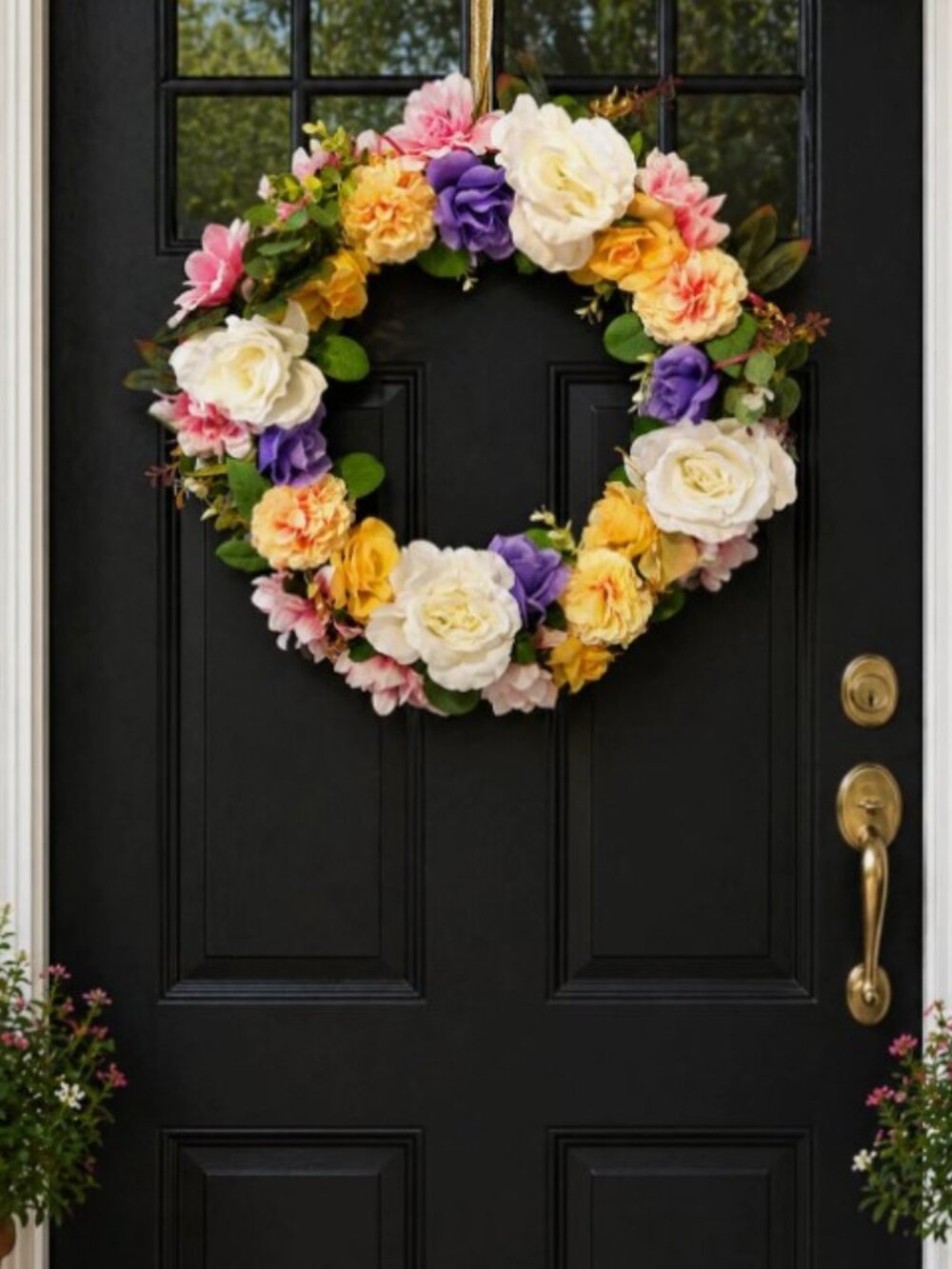 Spring Wreath-Front Door Pink & Peach Dahlia, White Purple Rose Handmade 21x21”